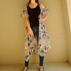 Mudd Sheer Leaf Print Cold Shoulder Long Cardigan
